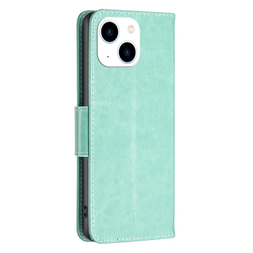 For iPhone 14 Wallet Case Imprinted Butterflies Leather Phone Cover with Strap - Green - 7