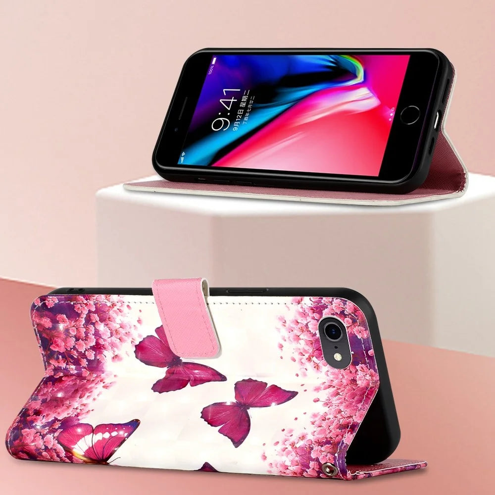 For iPhone SE (2020) / SE (2022) / 7 / 8 Leather Case 3D Pattern Printing Wallet Stand Mobile Cover with Strap - Rose Butterflies - 2