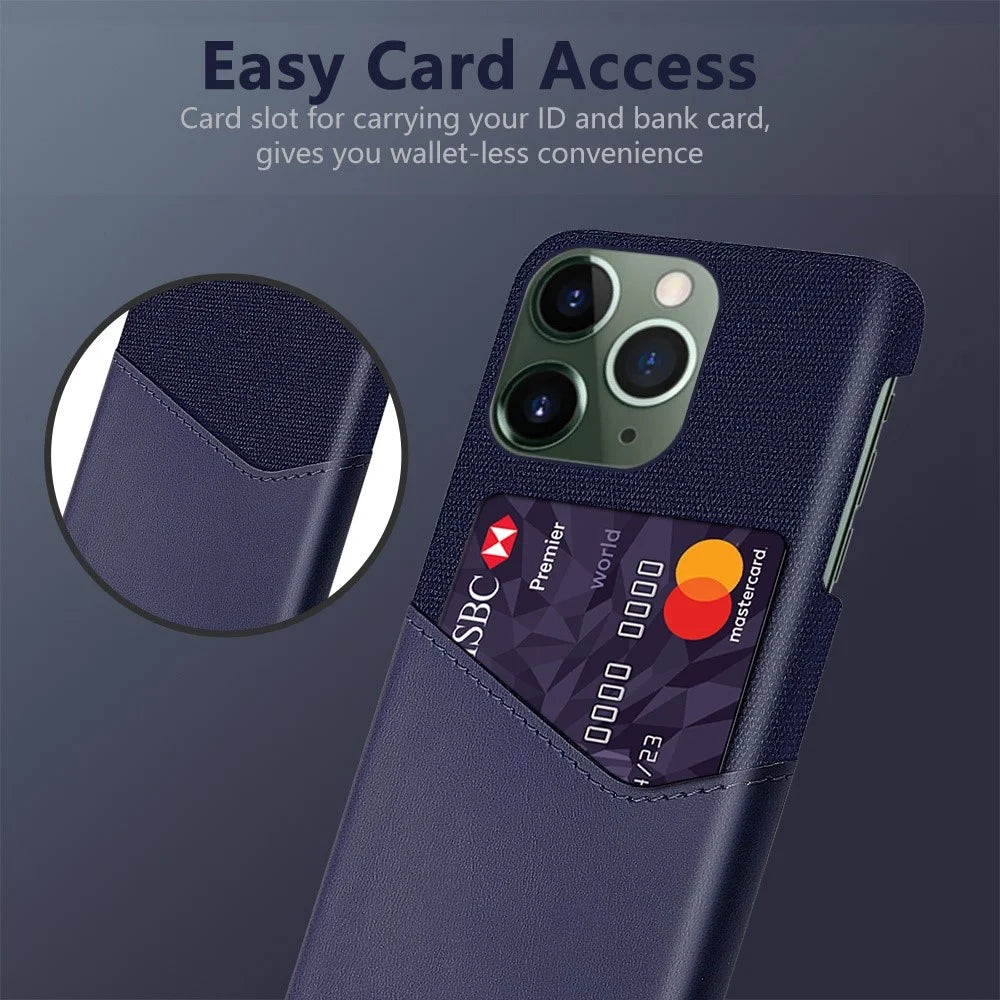 For iPhone 14 Pro Max 6.7 inch Shockproof Well-protected Card Slot Cloth Texture Phone Case PU Leather Coated Hard PC Shell - Blue - 2