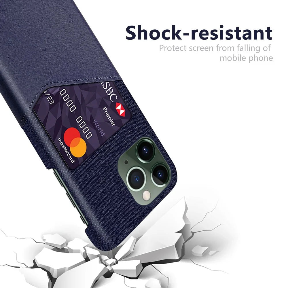 For iPhone 14 Pro Max 6.7 inch Shockproof Well-protected Card Slot Cloth Texture Phone Case PU Leather Coated Hard PC Shell - Blue - 3