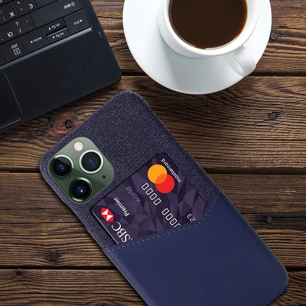 For iPhone 14 Pro Max 6.7 inch Shockproof Well-protected Card Slot Cloth Texture Phone Case PU Leather Coated Hard PC Shell - Blue - 4