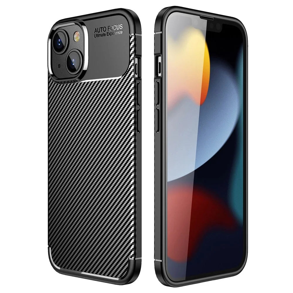 For iPhone 14 6.1 inch Carbon Fiber Texture Shockproof Cover Soft TPU Comfortable Grip Phone Case - Black - 1
