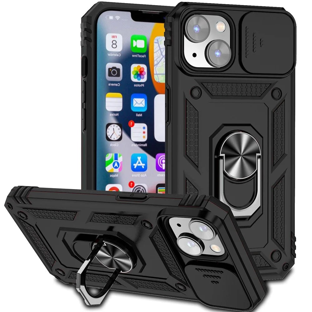for iPhone 14 Plus 6.7 inch Hard PC + Soft TPU Shockproof Kickstand Case Phone Shell with Slide Camera Protection Cover - Black - 1