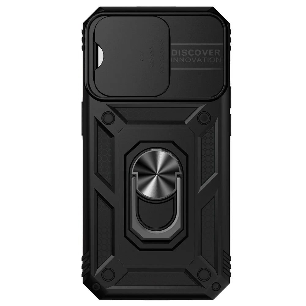 for iPhone 14 Pro Max 6.7 inch Hard PC + Soft TPU Military-grade Anti-drop Case Kickstand Feature Phone Shell with Slide Camera Protection Cover - Black - 2