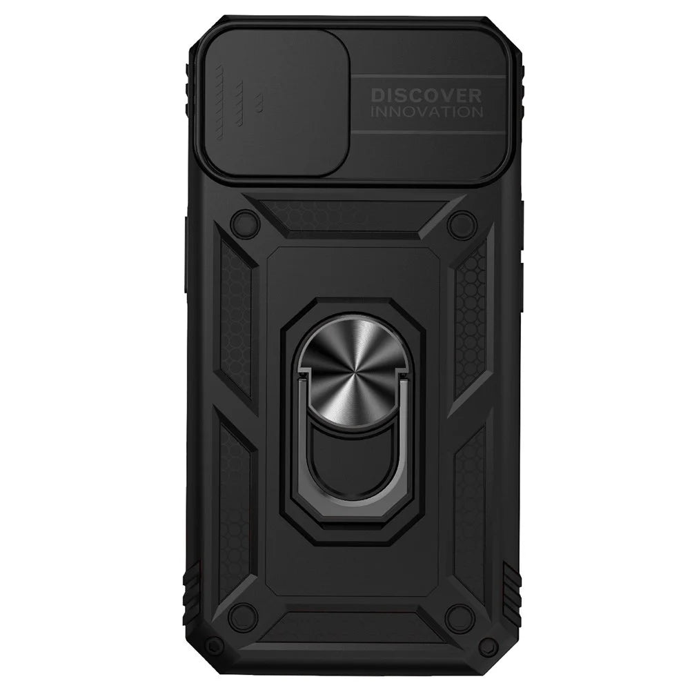 For iPhone 14 6.1 inch 360-degree Rotary Kickstand Case Hard PC + TPU All-inclusive Protection Phone Cover with Slide Camera Protection Cover - Black - 2