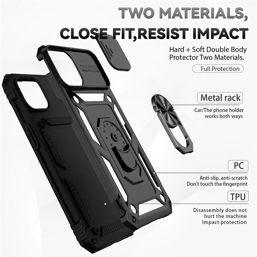 For iPhone 14 6.1 inch 360-degree Rotary Kickstand Case Hard PC + TPU All-inclusive Protection Phone Cover with Slide Camera Protection Cover - Black - 4