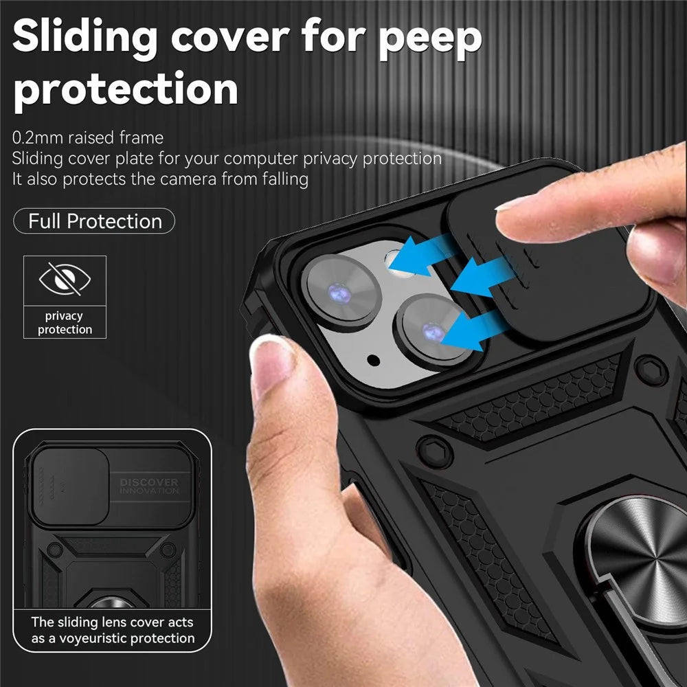For iPhone 14 6.1 inch 360-degree Rotary Kickstand Case Hard PC + TPU All-inclusive Protection Phone Cover with Slide Camera Protection Cover - Black - 6