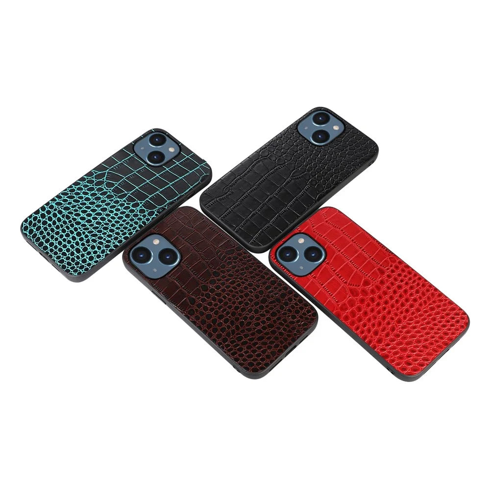 For iPhone 14 6.1 inch Anti-drop Crocodile Texture Phone Case Scratch Resistant Phone Cover Genuine Cowhide Leather Coated PC+TPU Shell - Black - 3