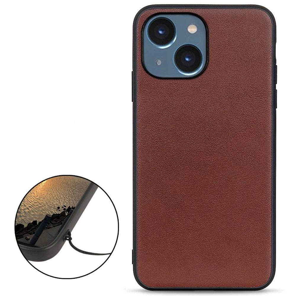 For iPhone 14 6.1 inch Anti-Scratch Textured Genuine Leather Phone Case Shockproof Anti-Slip Protective Cover - Brown - 2