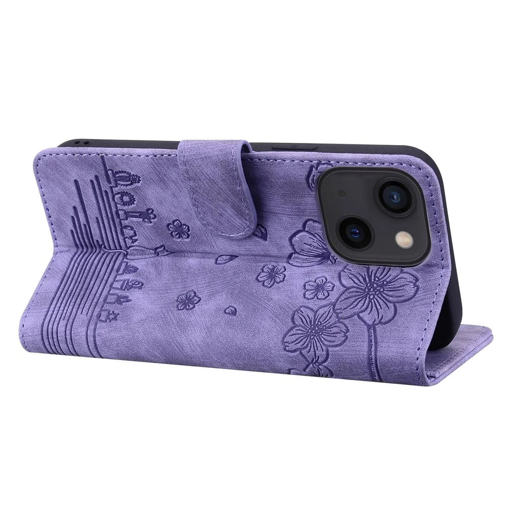 For iPhone 13 6.1 inch Shockproof Wallet Case Cherry Blossom Cat Imprinted PU Leather Stand Flip Cover with Strap - Purple - 4
