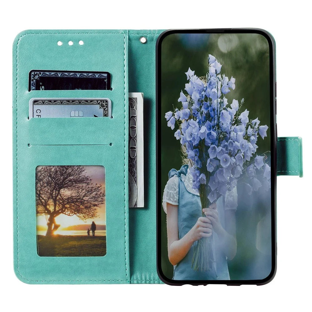 For iPhone 14 Plus 6.7 inch Wallet Case Imprinted Mandala Flower Pattern PU Leather Wrist Strap Stand Feature Flip Cover - Green - 2