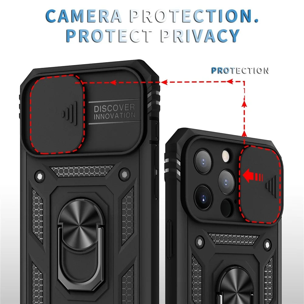 For iPhone 13 Pro Max 6.7 inch Card Clot Sliding Camera Cover Design PC+TPU Phone Case with Built-in Kickstand - Black - 5