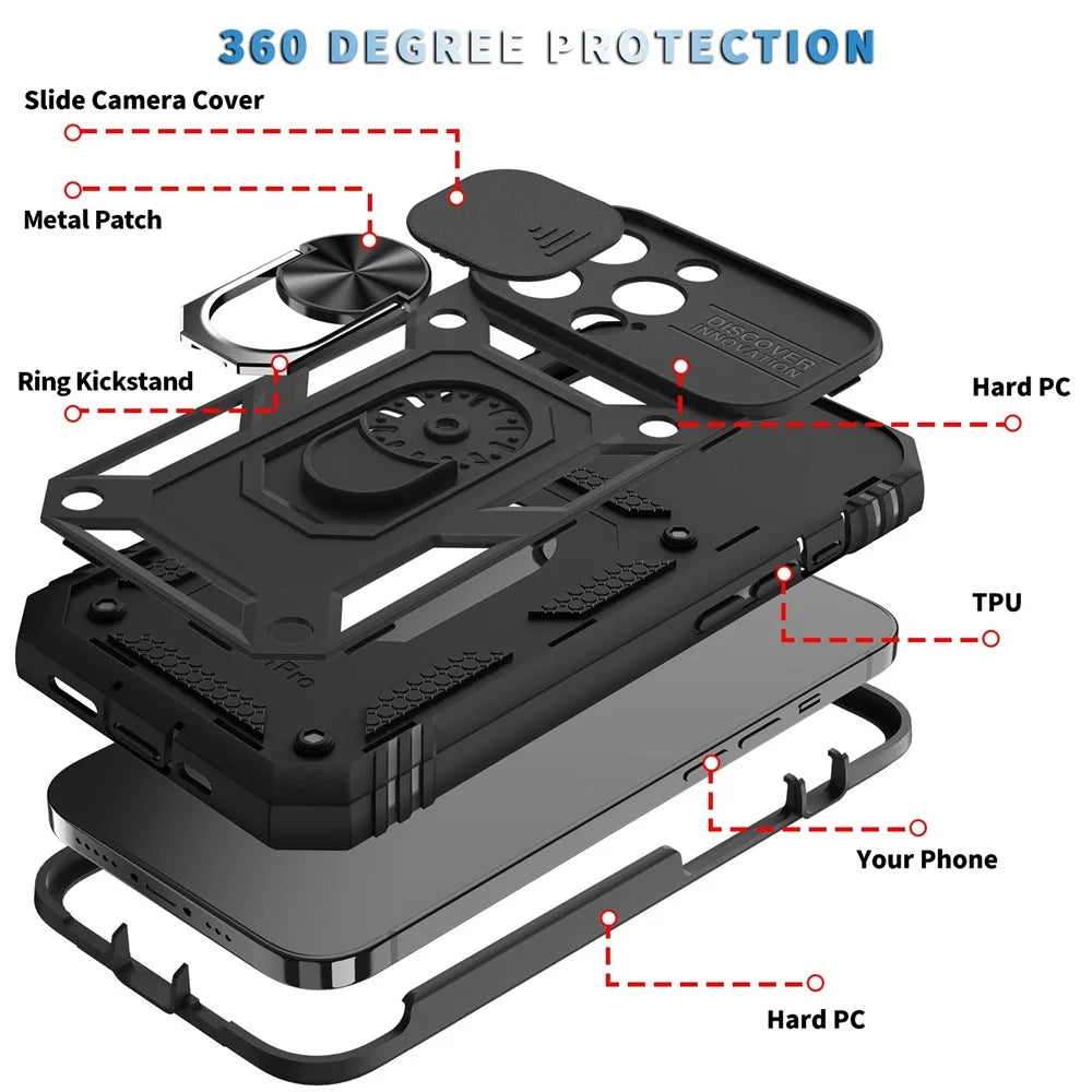 For iPhone 13 Pro Max 6.7 inch Card Clot Sliding Camera Cover Design PC+TPU Phone Case with Built-in Kickstand - Black - 6
