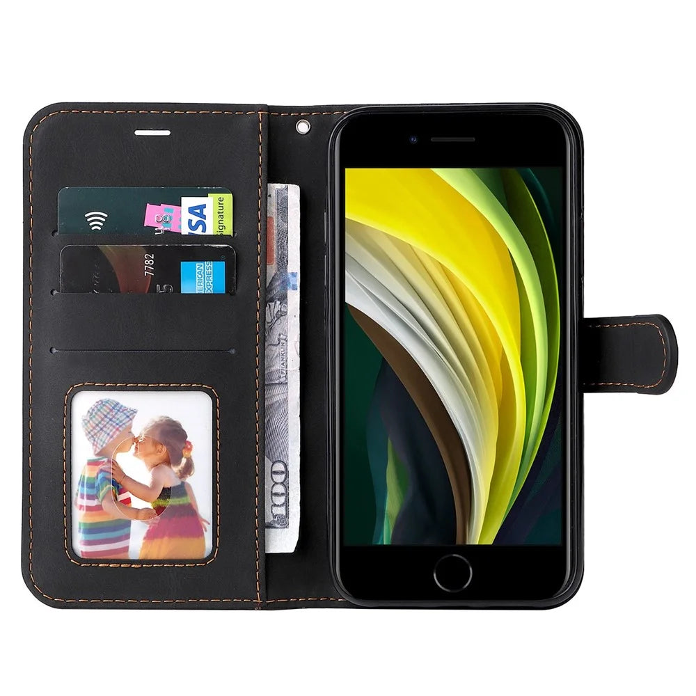 For iPhone 7 4.7 inch/8 4.7 inch/SE (2020)/(2022) Tri-color Splicing Wallet Stand Leather Phone Case Cover with Strap - Black - 2