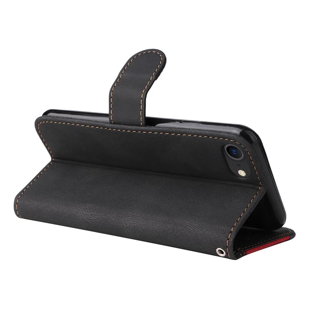 For iPhone 7 4.7 inch/8 4.7 inch/SE (2020)/(2022) Tri-color Splicing Wallet Stand Leather Phone Case Cover with Strap - Black - 4