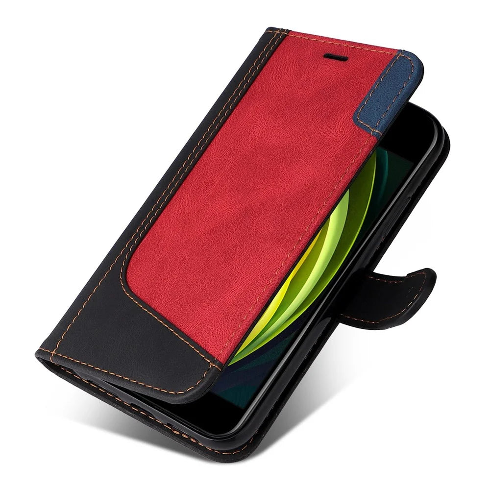 For iPhone 7 4.7 inch/8 4.7 inch/SE (2020)/(2022) Tri-color Splicing Wallet Stand Leather Phone Case Cover with Strap - Black - 5