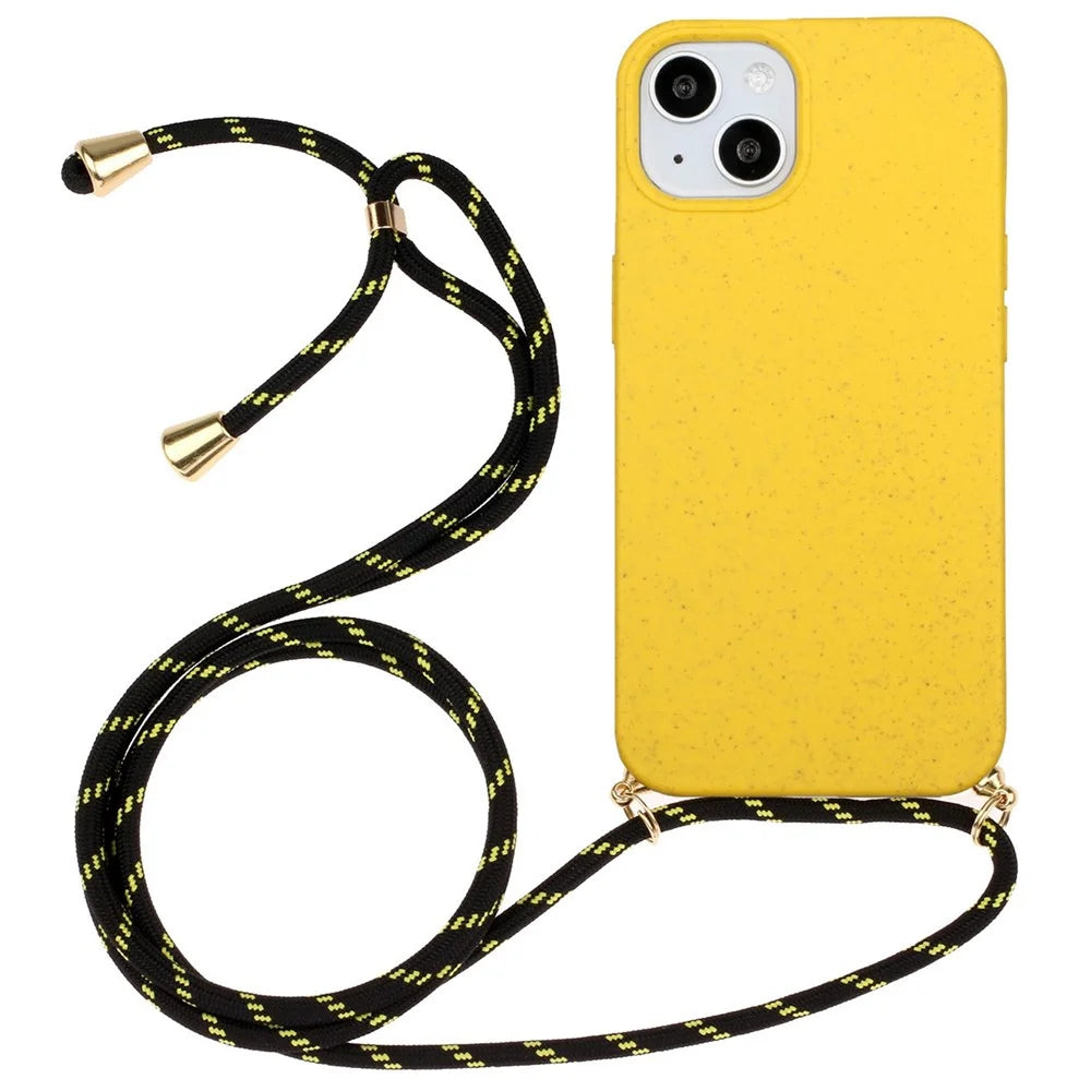 Phone Case for iPhone 14 Plus 6.7 inch, Wheat Straw + TPU Protective Smartphone Cover with Adjustable Lanyard - Yellow - 1