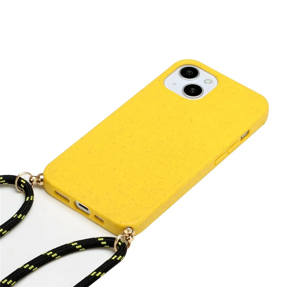Phone Case for iPhone 14 Plus 6.7 inch, Wheat Straw + TPU Protective Smartphone Cover with Adjustable Lanyard - Yellow - 2