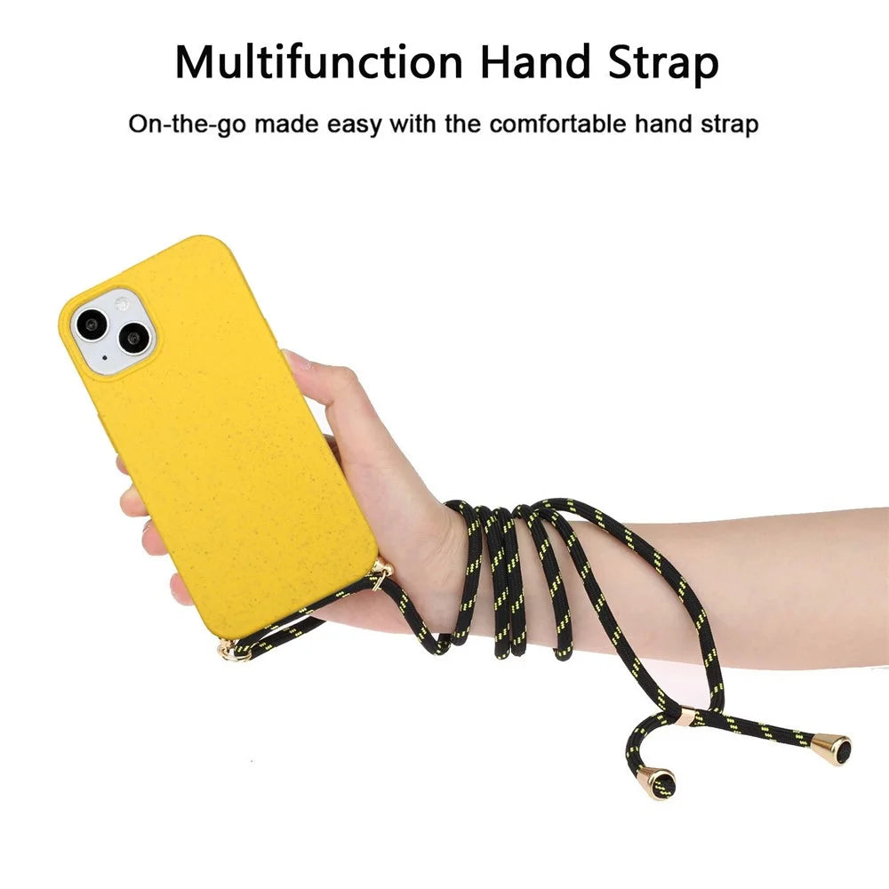 Phone Case for iPhone 14 Plus 6.7 inch, Wheat Straw + TPU Protective Smartphone Cover with Adjustable Lanyard - Yellow - 3