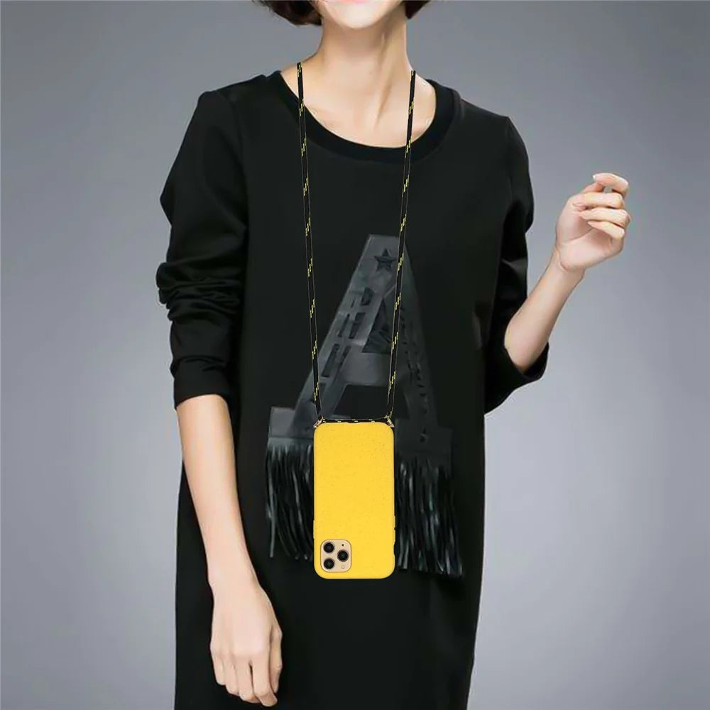 Anti-scratch Protective Phone Cover for iPhone 14 Pro 6.1 inch, Wheat Straw + TPU Case with Adjustable Lanyard - Yellow - 4