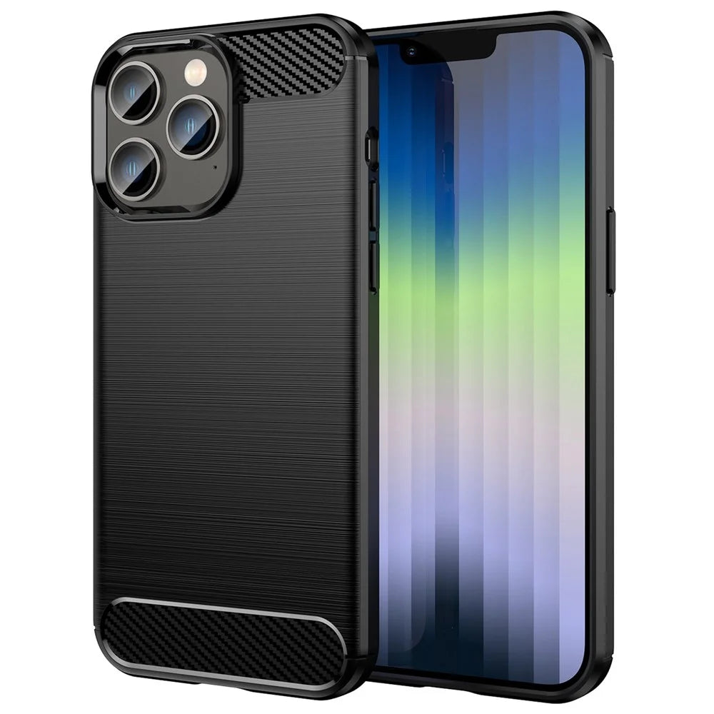 For iPhone 14 Pro Max 6.7 inch Protective Slim Case Brushed Carbon Fiber Texture TPU Case Anti-Drop Mobile Phone Cover - Black - 1
