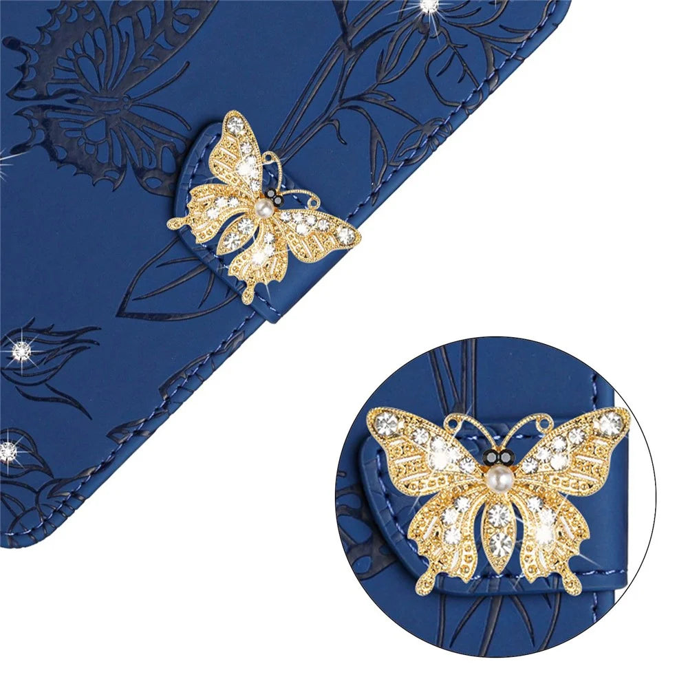For iPhone 13 6.1 inch Phone Flip Wallet Case, Butterfly Flowers Imprinted Rhinestone Decor PU Leather Protective Phone Cover Stand with Shoulder Strap - Blue - 4