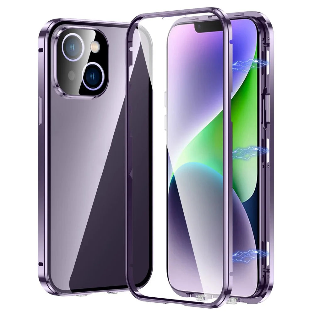 For iPhone 14 Plus Magnetic Phone Case Full Protection Phone Cover Metal + Tempered Glass Shockproof Case with Self-Locking Buckle - Purple - 1