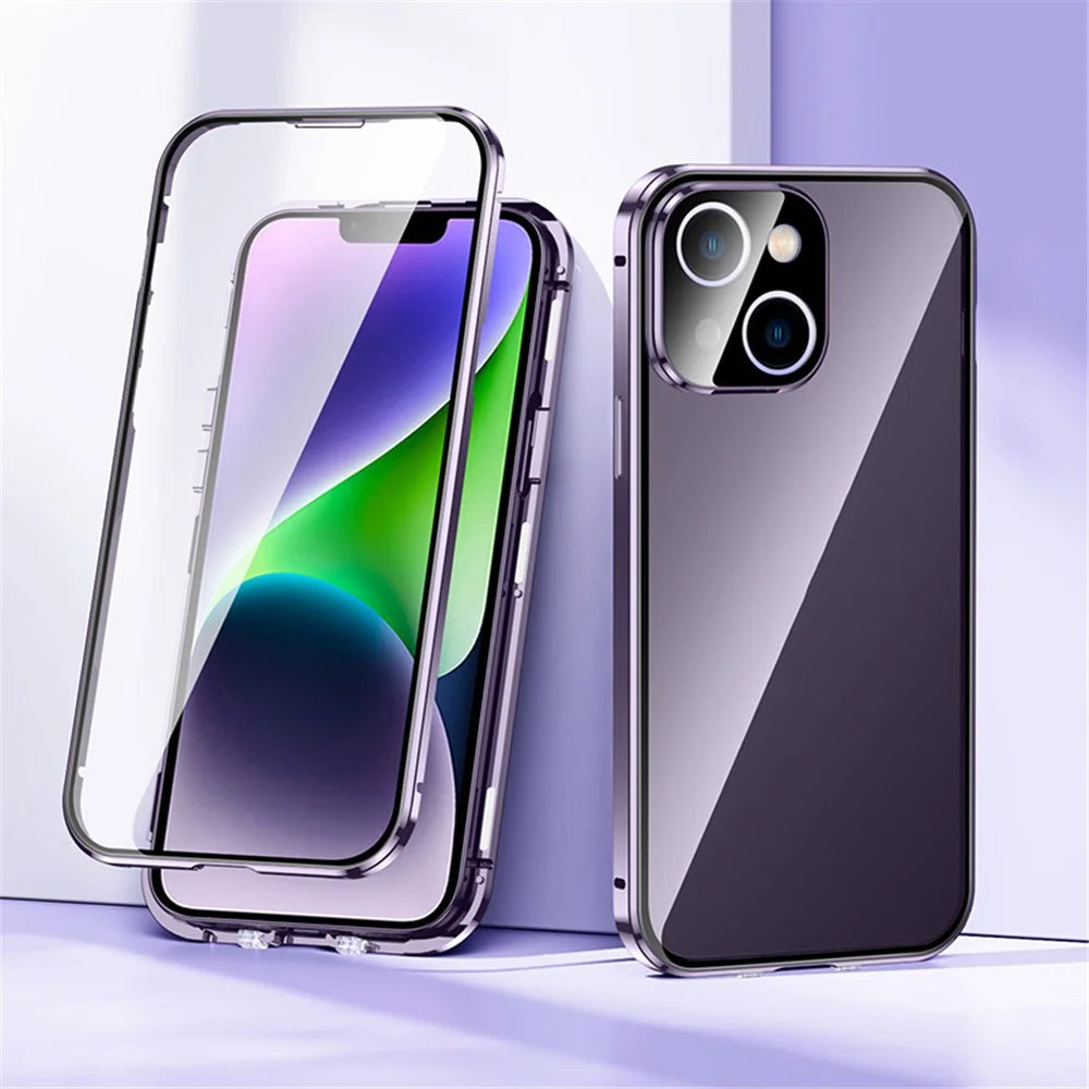 For iPhone 14 Plus Magnetic Phone Case Full Protection Phone Cover Metal + Tempered Glass Shockproof Case with Self-Locking Buckle - Purple - 2