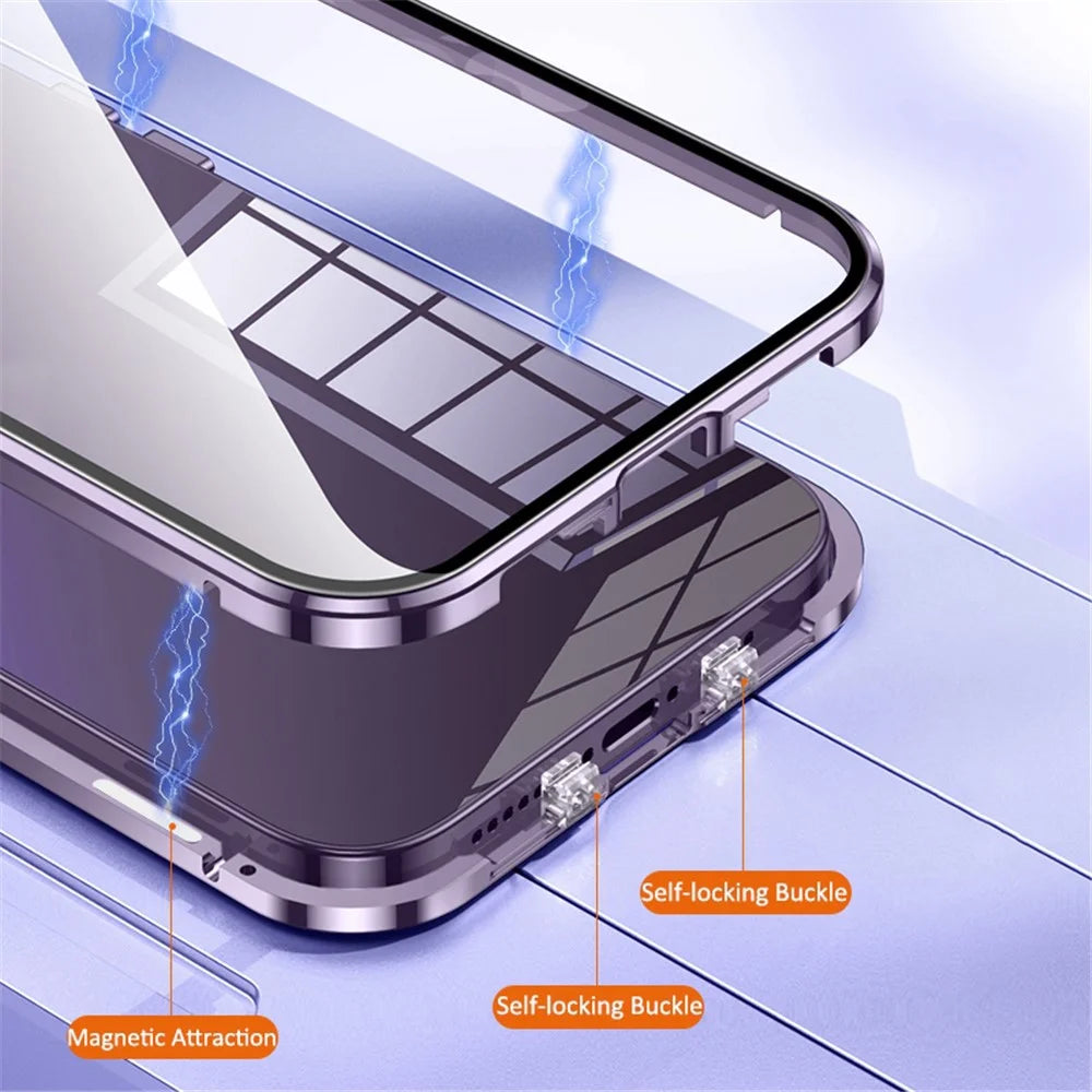 For iPhone 14 Plus Magnetic Phone Case Full Protection Phone Cover Metal + Tempered Glass Shockproof Case with Self-Locking Buckle - Purple - 5