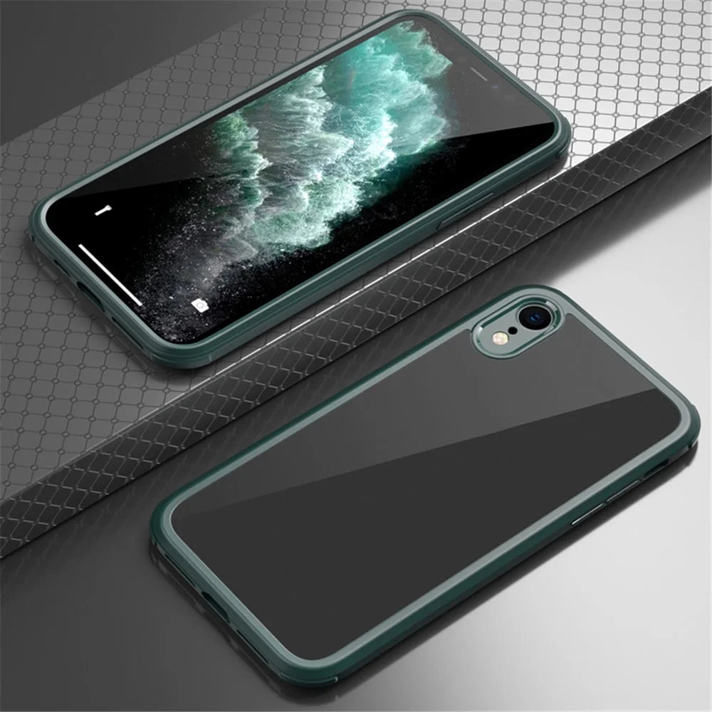 For iPhone XR Full Body Protection Clear Case Double Side Tempered Glass + Silicone Frame Phone Cover - Midnight Green - 1