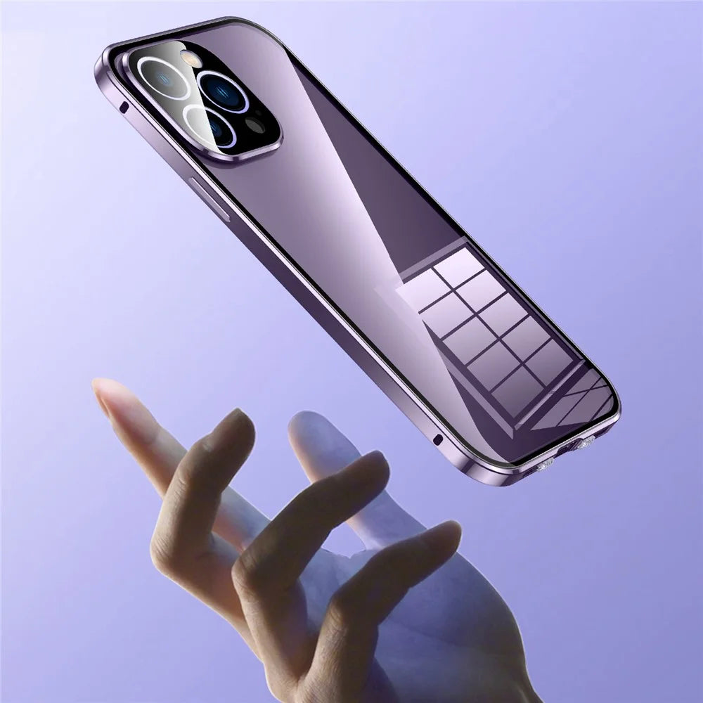 For iPhone 15 Pro Max Double Sides Tempered Glass+Metal Frame Case Straight Edge Magnetic Phone Cover with Buckle - Purple - 7