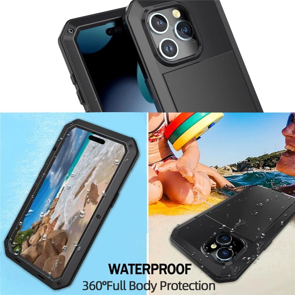 Phone Case with Tempered Glass Film for iPhone 15 , Silicone+PC+Metal Anti-drop Phone Cover - Black - 4