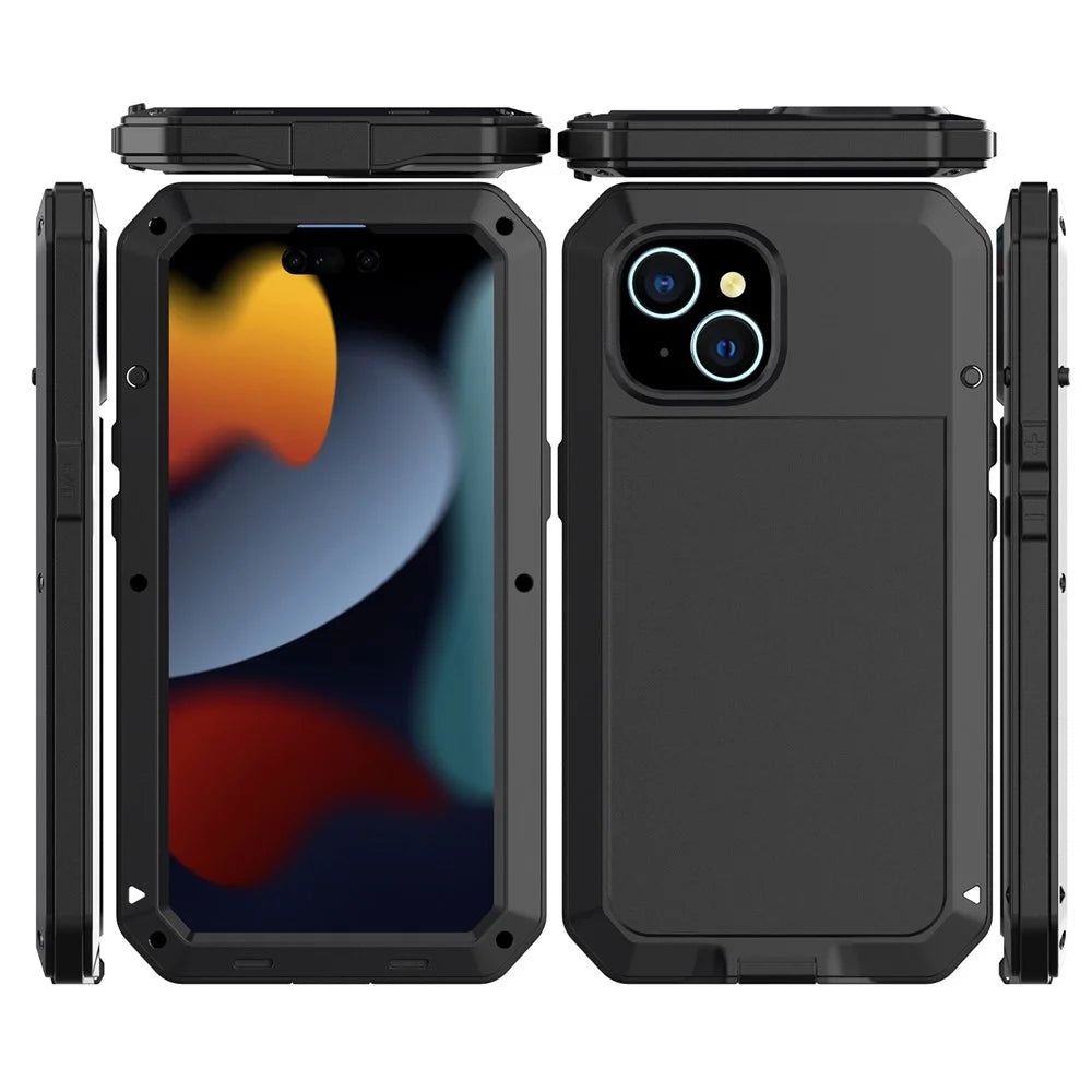 Phone Case with Tempered Glass Film for iPhone 15 , Silicone+PC+Metal Anti-drop Phone Cover - Black - 7