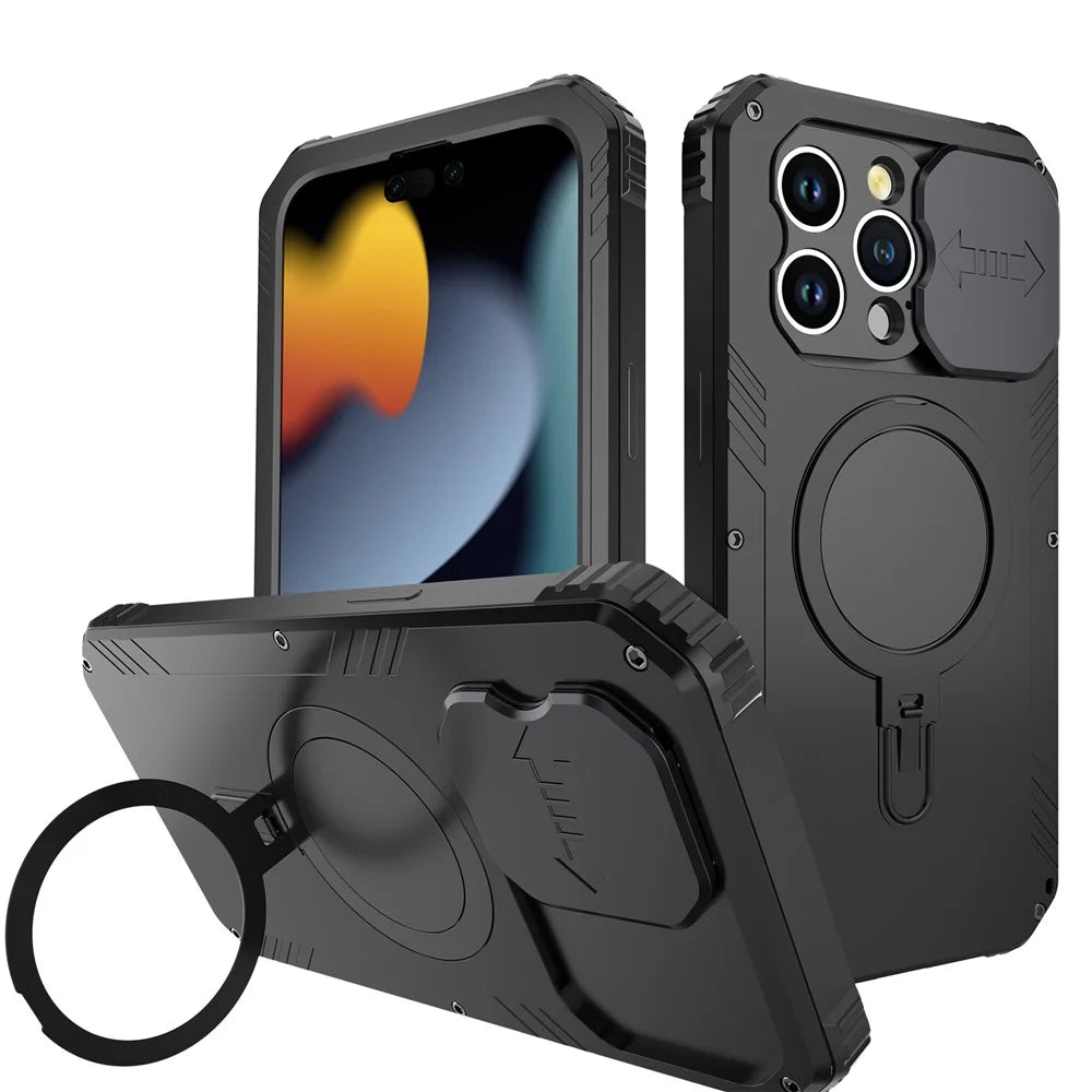 Metal+Silicone Camera Slider Phone Case for iPhone 15 Shockproof Cover Compatible with MagSafe with Tempered Glass Film - Black - 2