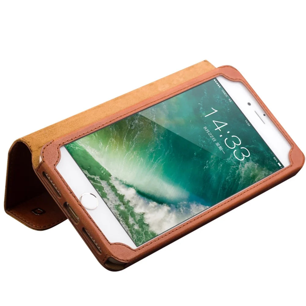 QIALINO for iPhone 8 Plus / 7 Plus Retro Folio Cowhide Leather Phone Shell with Card Slots - Brown - 3