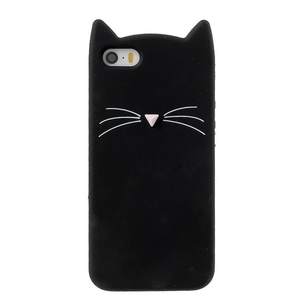 3D Bearded Cat Silicone Soft Phone Cover for iPhone SE 5s 5 - Black - 2