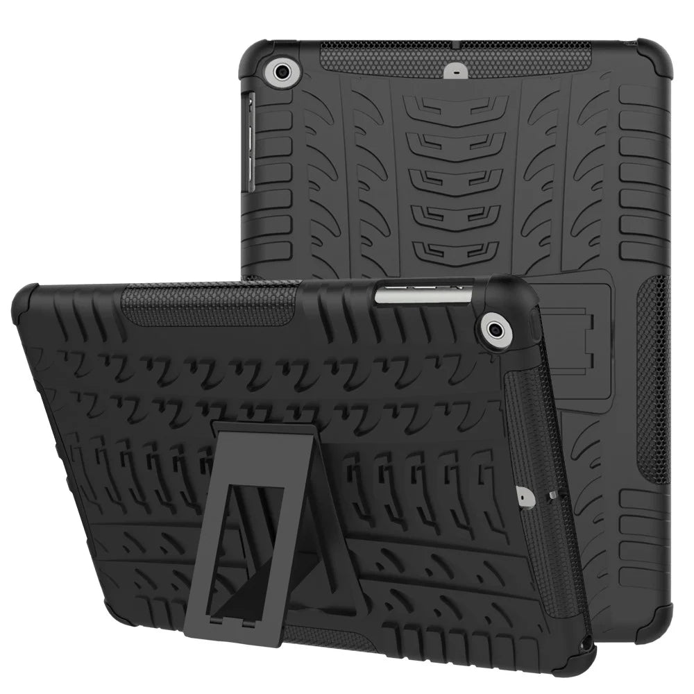 For iPad 9.7 (2018) / 9.7 (2017) Tyre Pattern Kickstand Hybrid PC + TPU Protective Case - Black - 1