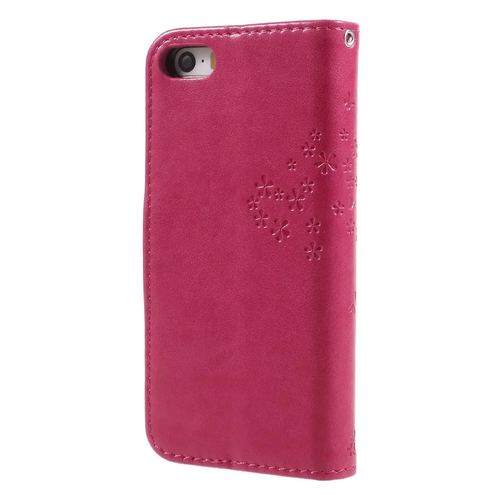 Imprint Tree Owl Magnetic Wallet PU Leather Stand Cover for iPhone 5 / 5s / SE - Rose - 2