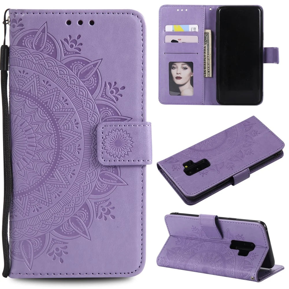 Imprint Butterfly Flower Wallet Leather Stand Case for Samsung Galaxy S9+ SM-G965 - Purple - 1