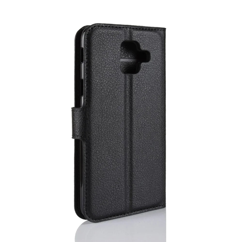 Litchi Skin Leather Wallet Case Phone Shell for Samsung Galaxy A6 (2018) Adjustable Stand Design Phone Accessory - Black - 3