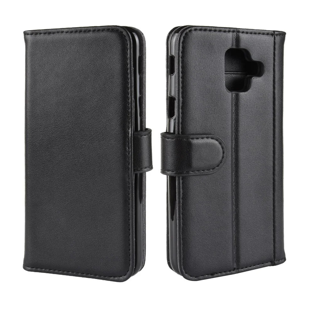 For Samsung Galaxy A6 (2018) Genuine Split Leather Wallet Cell Phone Cover - Black - 2