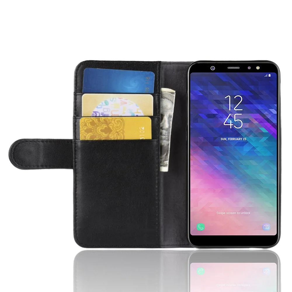 For Samsung Galaxy A6 (2018) Genuine Split Leather Wallet Cell Phone Cover - Black - 6
