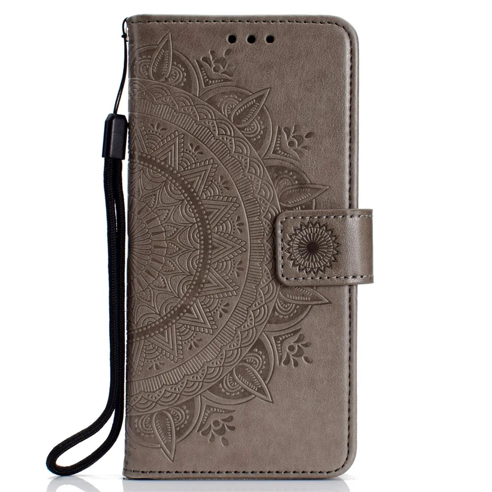 Imprint Mandala Flower Leather Wallet Case for Samsung Galaxy A6 Plus (2018) / A9 Star Lite - Grey - 2
