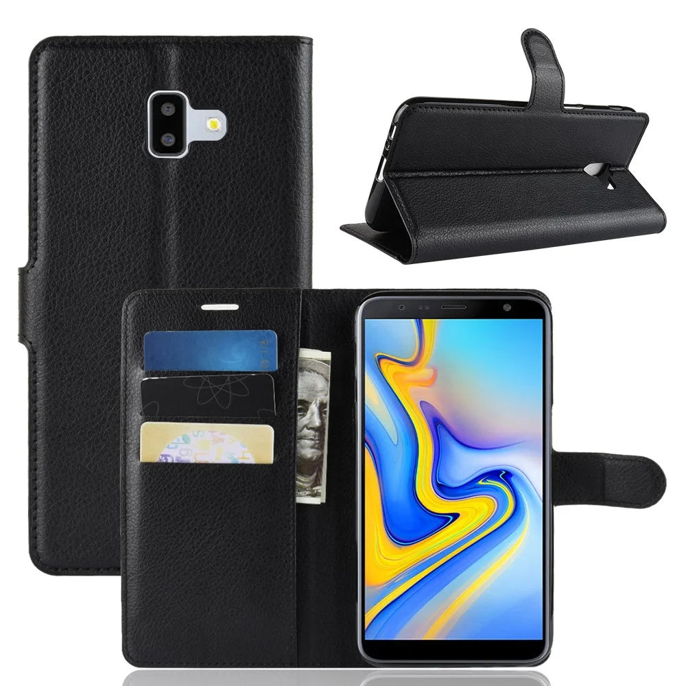 Litchi Skin Leather Stand Cover with Card Slots for Samsung Galaxy J6 Plus - Black - 1