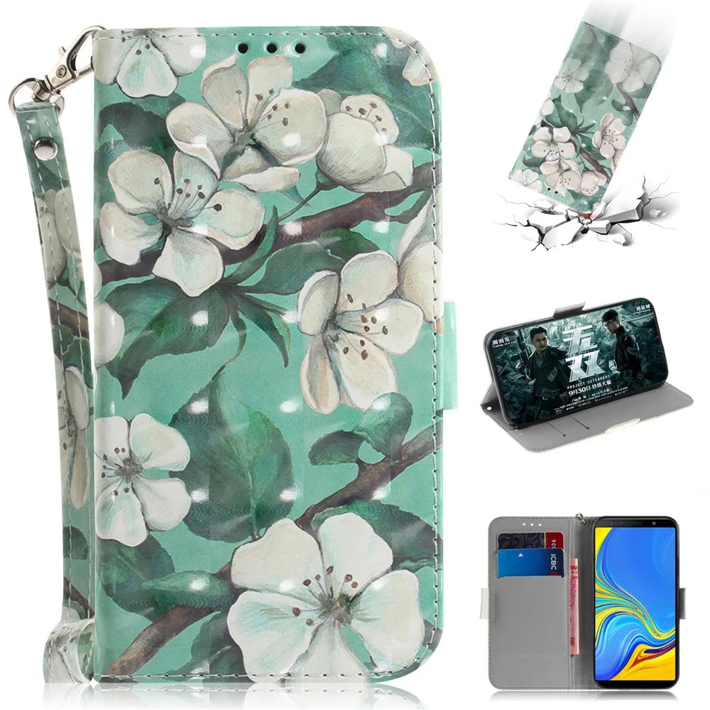 Pattern Printing Leather Case with [Wallet Stand] for Samsung Galaxy A7 (2018) - Pretty Flowers - 1