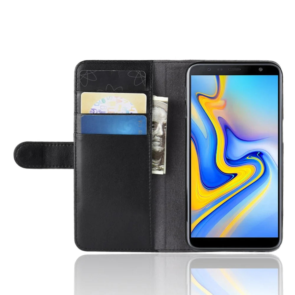 For Samsung Galaxy J6 Plus Phone Cases Genuine Split Leather Wallet Mobile Cover Stand - Black - 6