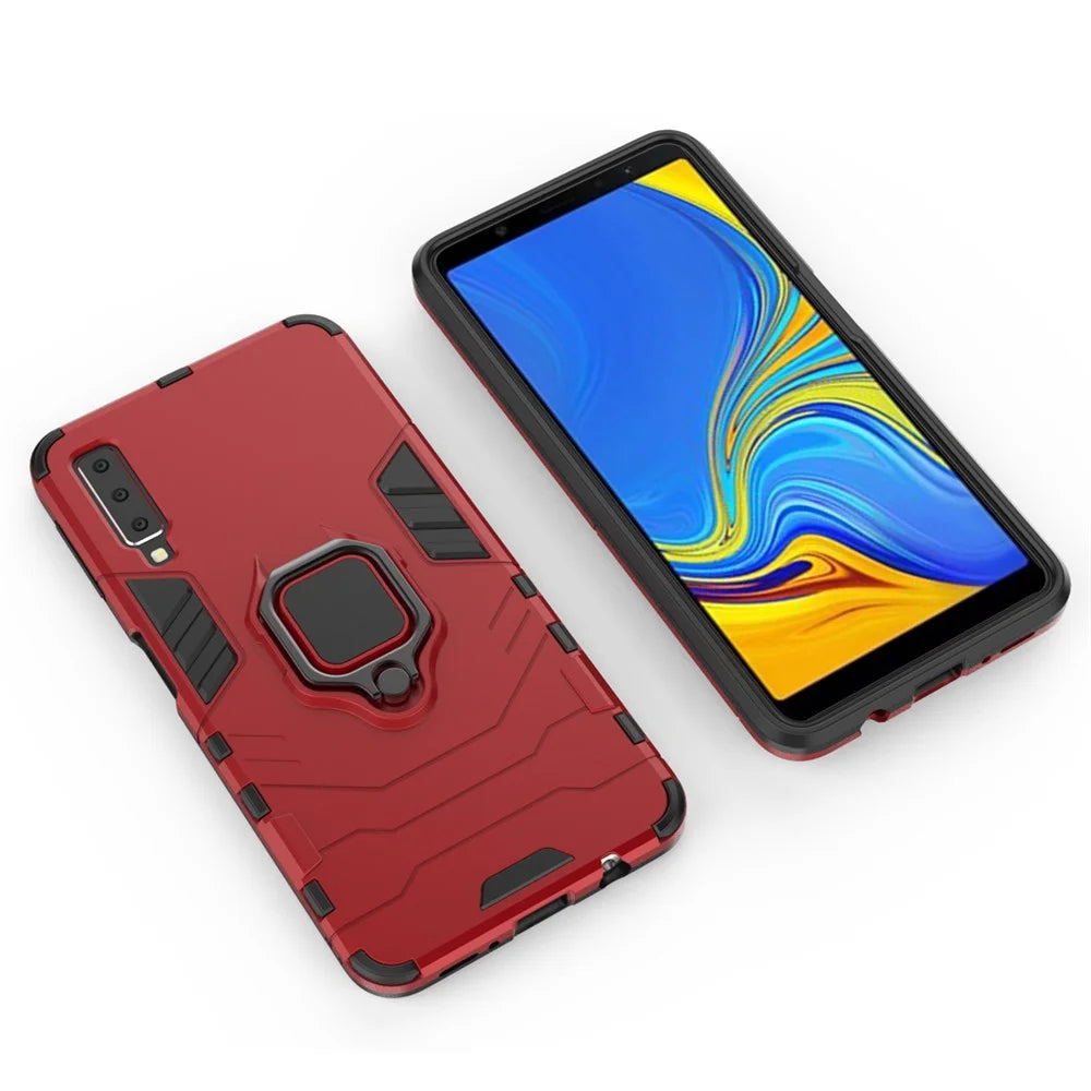 Cool Guard Ring Holder Kickstand PC TPU Hybrid Cover for Samsung Galaxy A7 (2018) - Red - 3