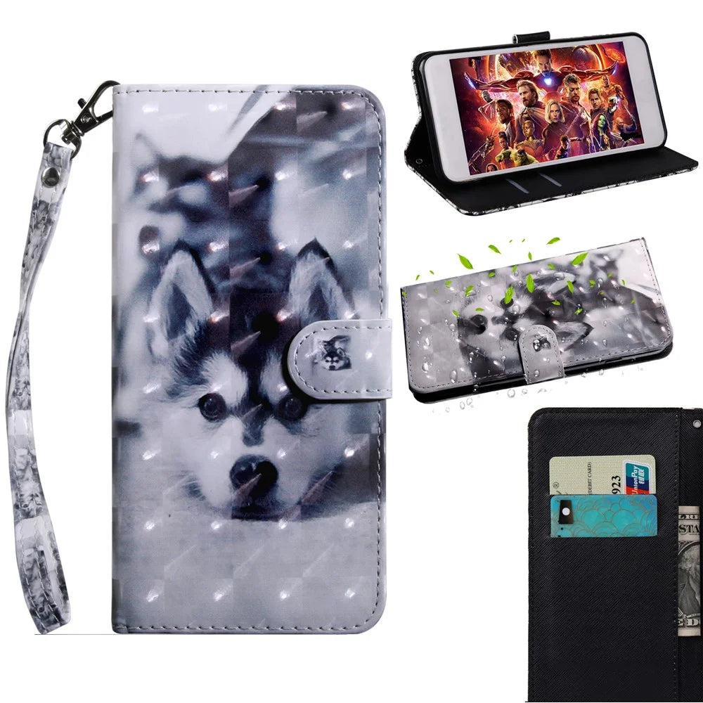 Light Spot Decor Patterned Wallet Leather Stand Case for Samsung Galaxy J6 (2018) - Black and White Wolf - 1