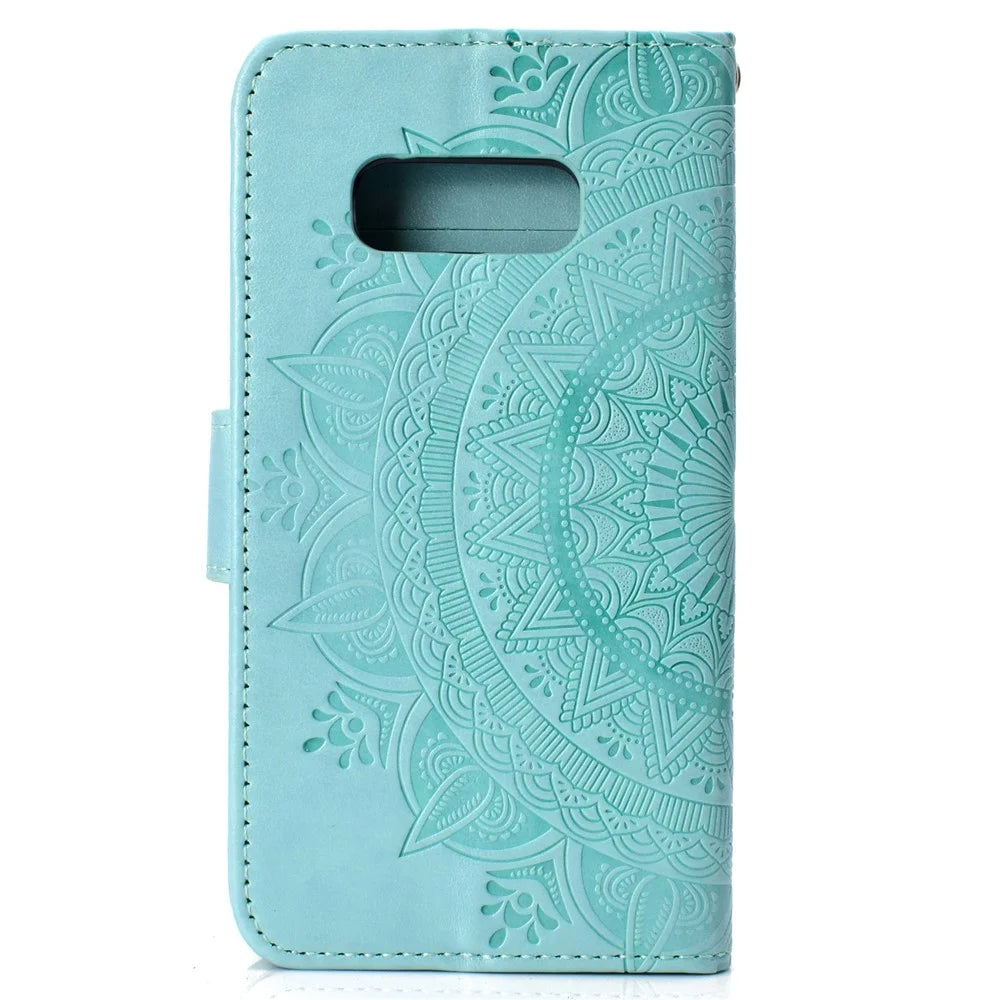 Imprinted Mandala Pattern PU Leather Flip Case for Samsung Galaxy S10e - Cyan - 3