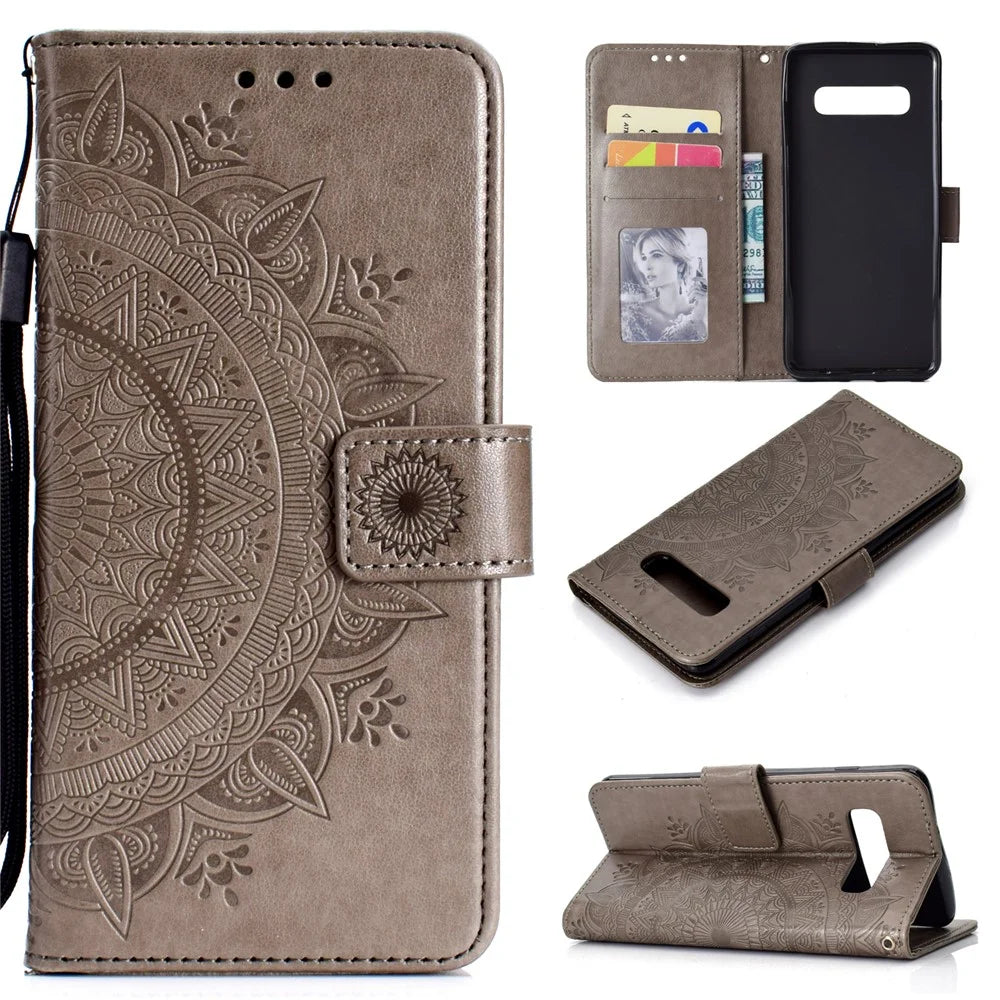 Imprinted Mandala Pattern PU Leather Protection Case for Samsung Galaxy S10 - Grey - 1